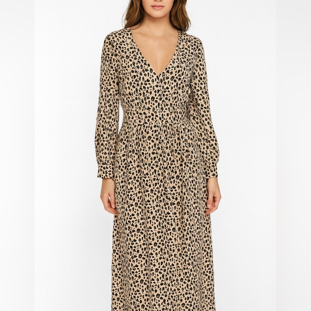 J.Crew Leopard Print V-Neck Midi Dress Size 00 Long Sleeve A-Line Animal Print
